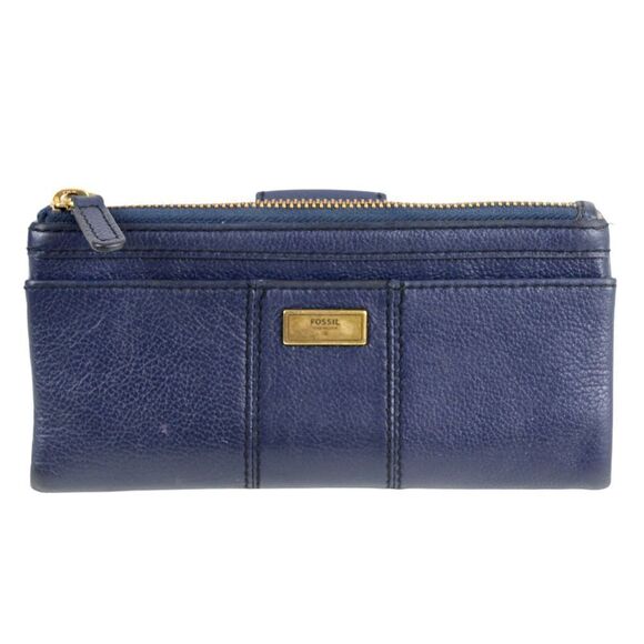 FOSSIL BLUE GENUINE LEATHER ID CARD COIN HOLDER BILL TWO COMPARTMENT WALLET - Picture 1 of 11